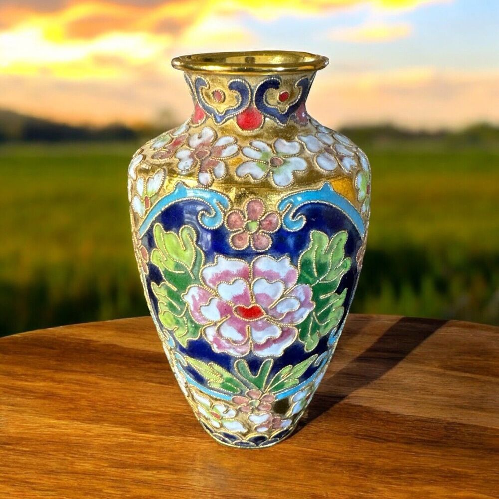 Vintage 1970’s Cloisonné Enamel Vase Blossoming Flowers All Over 4” Art‎ Decor